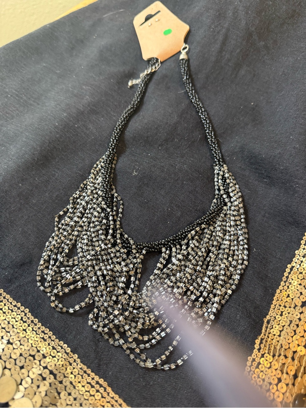 Black & Metallic Multi-Strand Beaded Statement Necklace